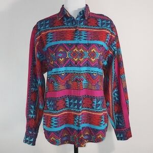 Vintage 90s Wrangler Red Pink Blue Aztec Print L/S Western Button Up Shirt Med